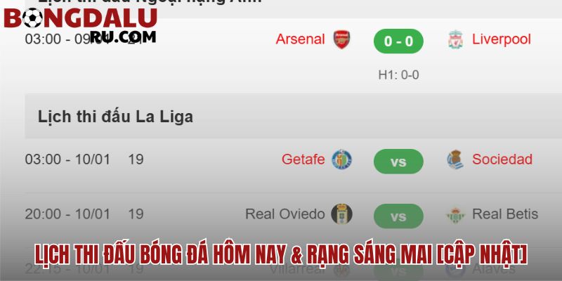 Lịch thi đấu hôm nay cập nhật tự động theo thời gian thực